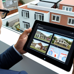 **

A modern real estate appraiser using a tablet displaying AI-powered valuation software. Drones are visible outside the window, inspecting a building. Charts and data visualizations relating to market trends are also displayed on the tablet screen. The scene should convey a sense of efficiency and technological advancement in the valuation process.

**