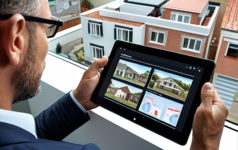 **
A modern real estate appraiser using a tablet displaying AI-powered valuation software. Drones are visible outside the window, inspecting a building. Charts and data visualizations relating to market trends are also displayed on the tablet screen. The scene should convey a sense of efficiency and technological advancement in the valuation process.
**